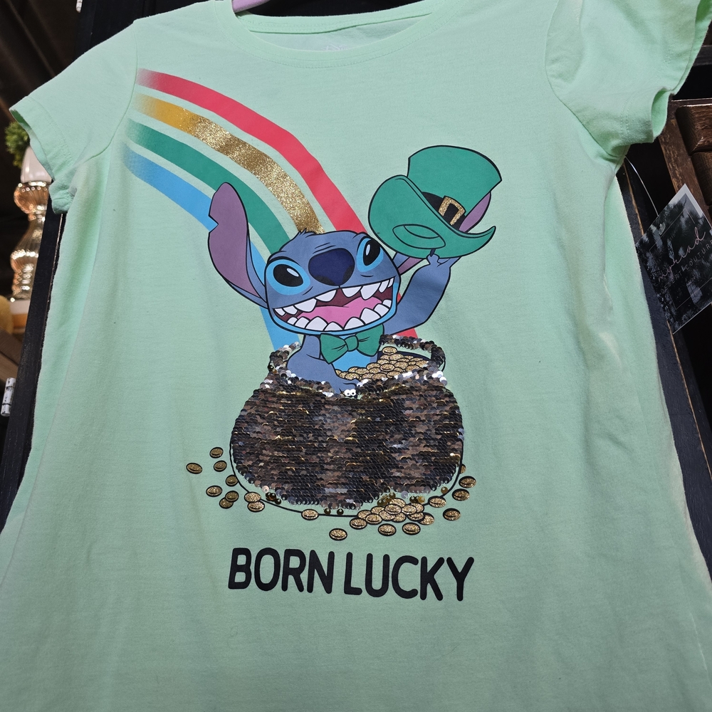 Disney Kids XL Green T-Shirt with Stitch and Rainbow St. Patrick's Day Attire. - Picture 3 of 5